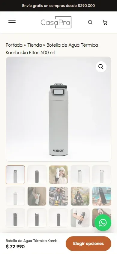 Ficha de una botella térmica en la tienda CasaPra vista desde un teléfono.