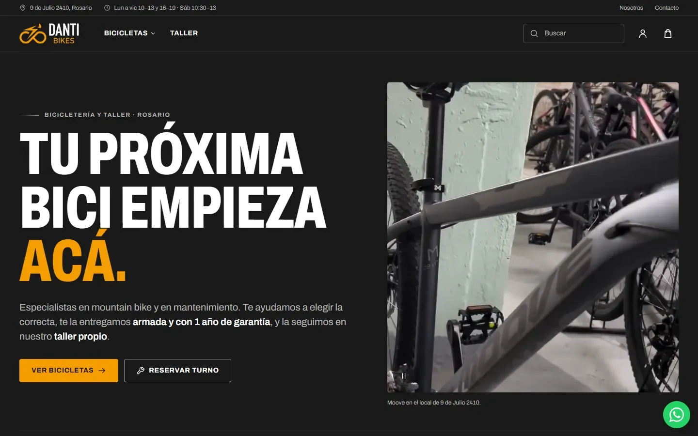 Inicio de Danti Bikes con el titular «Tu próxima bici empieza acá» y los accesos a las bicicletas y al turno del taller.