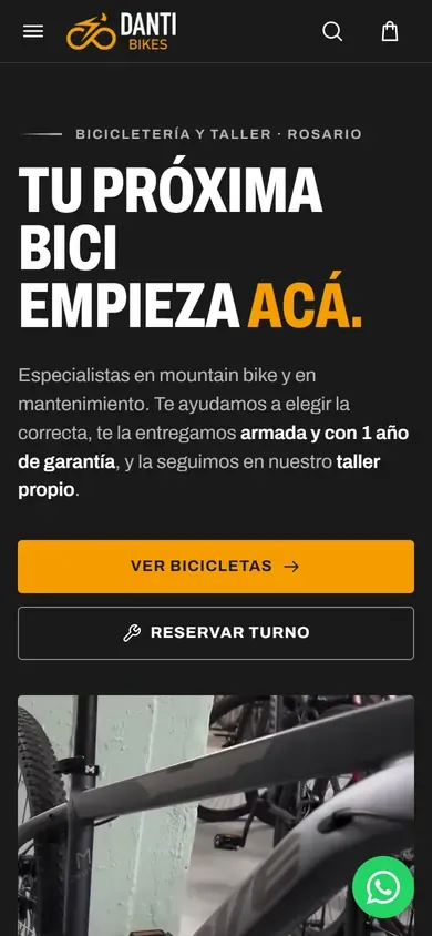 Inicio de Danti Bikes visto desde un teléfono.