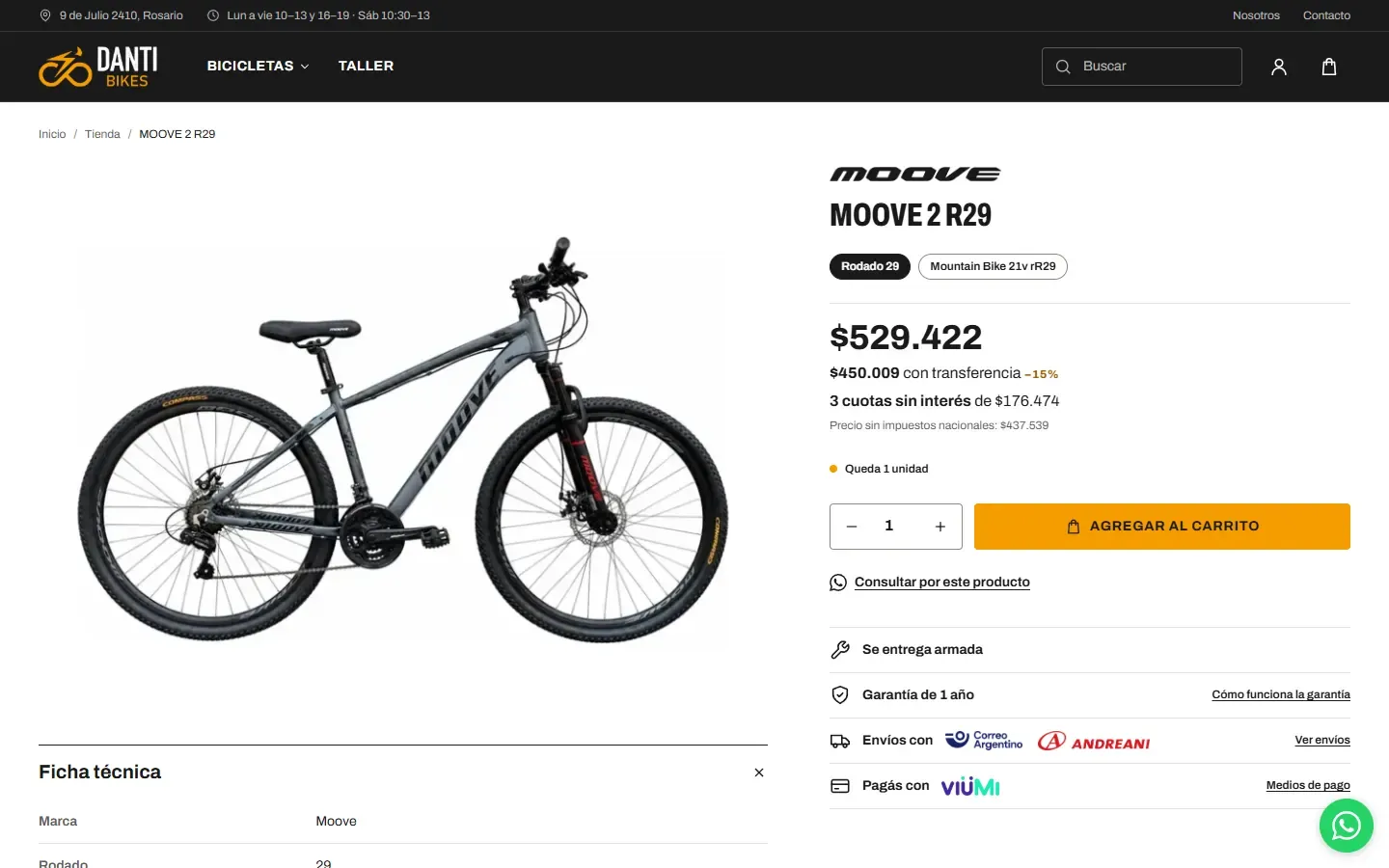 Ficha de una mountain bike con precio, stock, garantía, envíos y medios de pago.