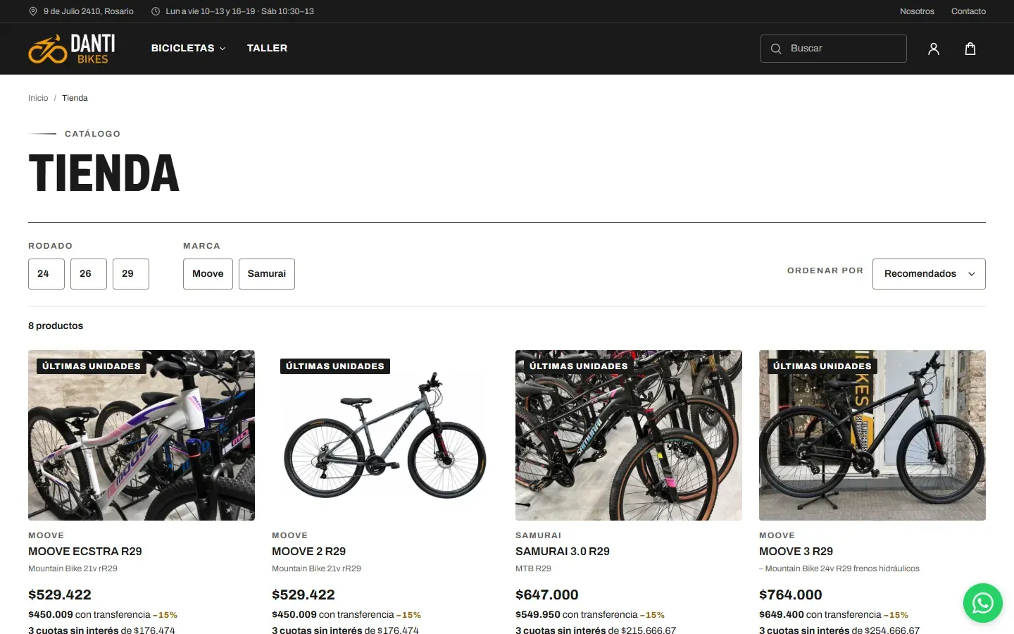 Catálogo de Danti Bikes con filtros por rodado y marca, y el precio de cada bicicleta.