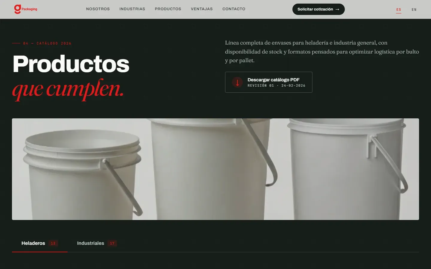 Sección Productos de G-Packaging con el título «Productos que cumplen», la descarga del catálogo en PDF y las pestañas Heladeros e Industriales.