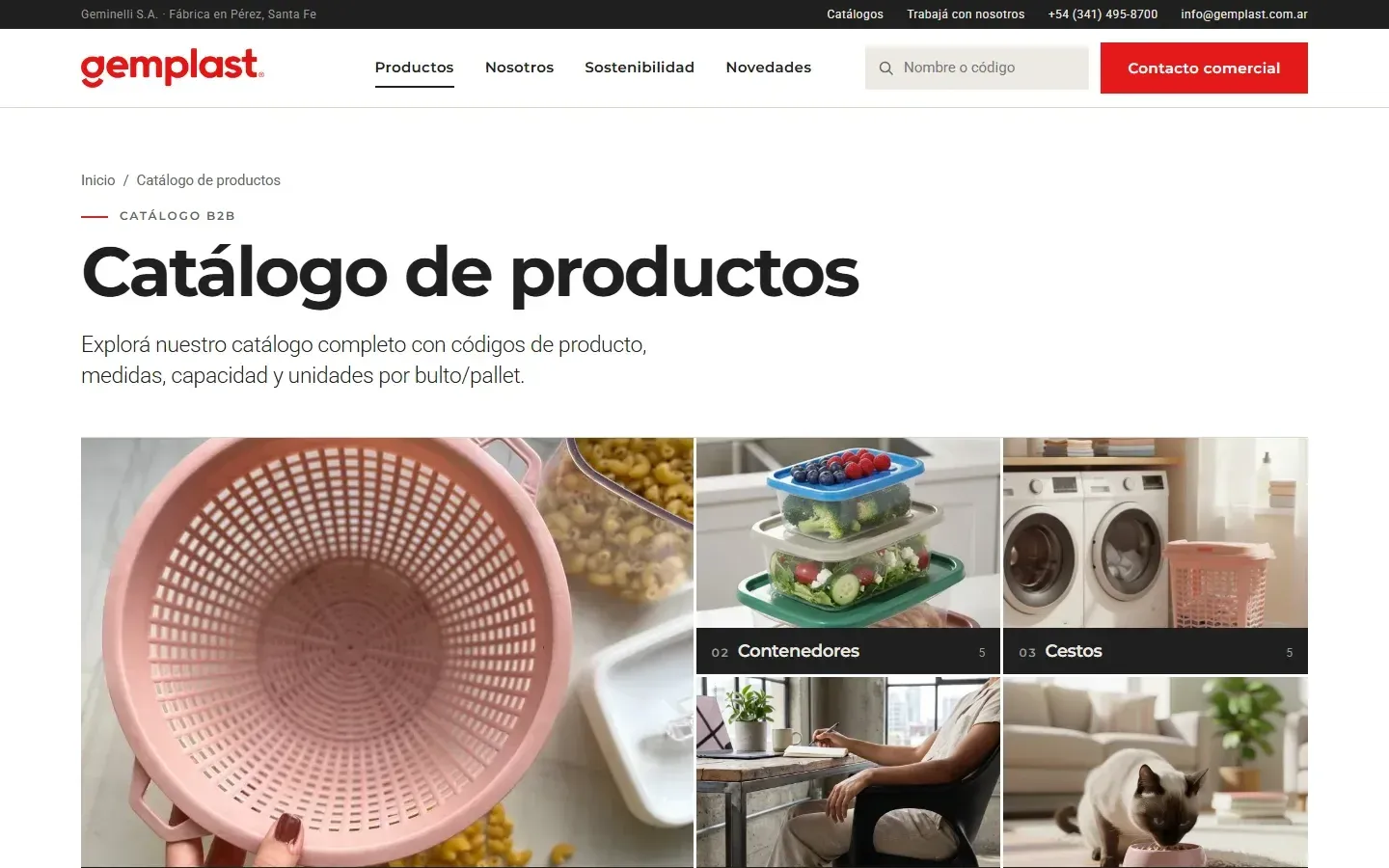 Catálogo de productos de Gemplast organizado por categorías.