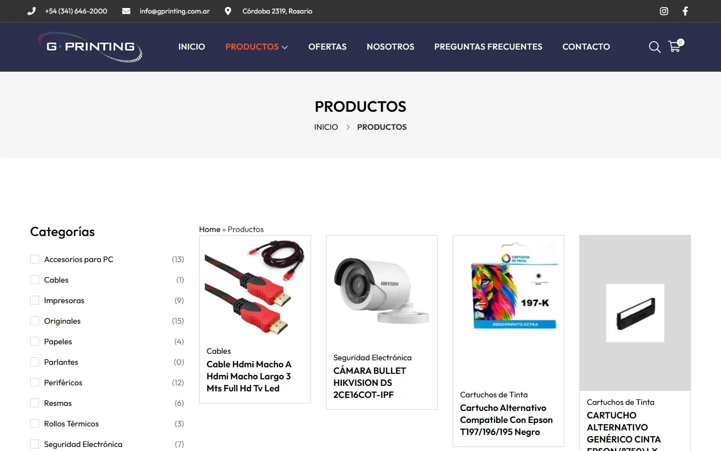 Página Productos de Grupo Printing con filtros por categoría (accesorios para PC, impresoras, papeles, resmas) y una grilla de productos.