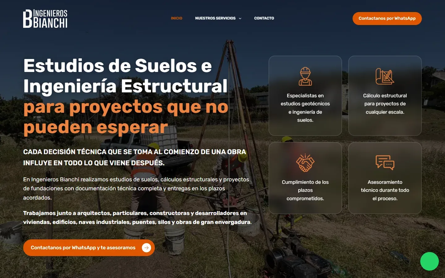 Inicio de Ingenieros Bianchi con sus servicios de estudios de suelos e ingeniería estructural.