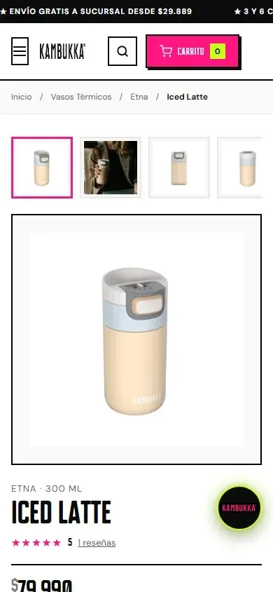 Ficha del vaso térmico Kambukka Etna en un teléfono.