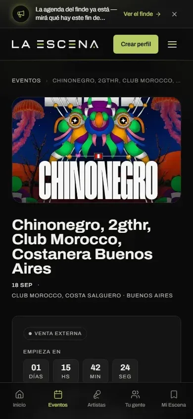 Detalle de un evento de La Escena en su versión móvil.