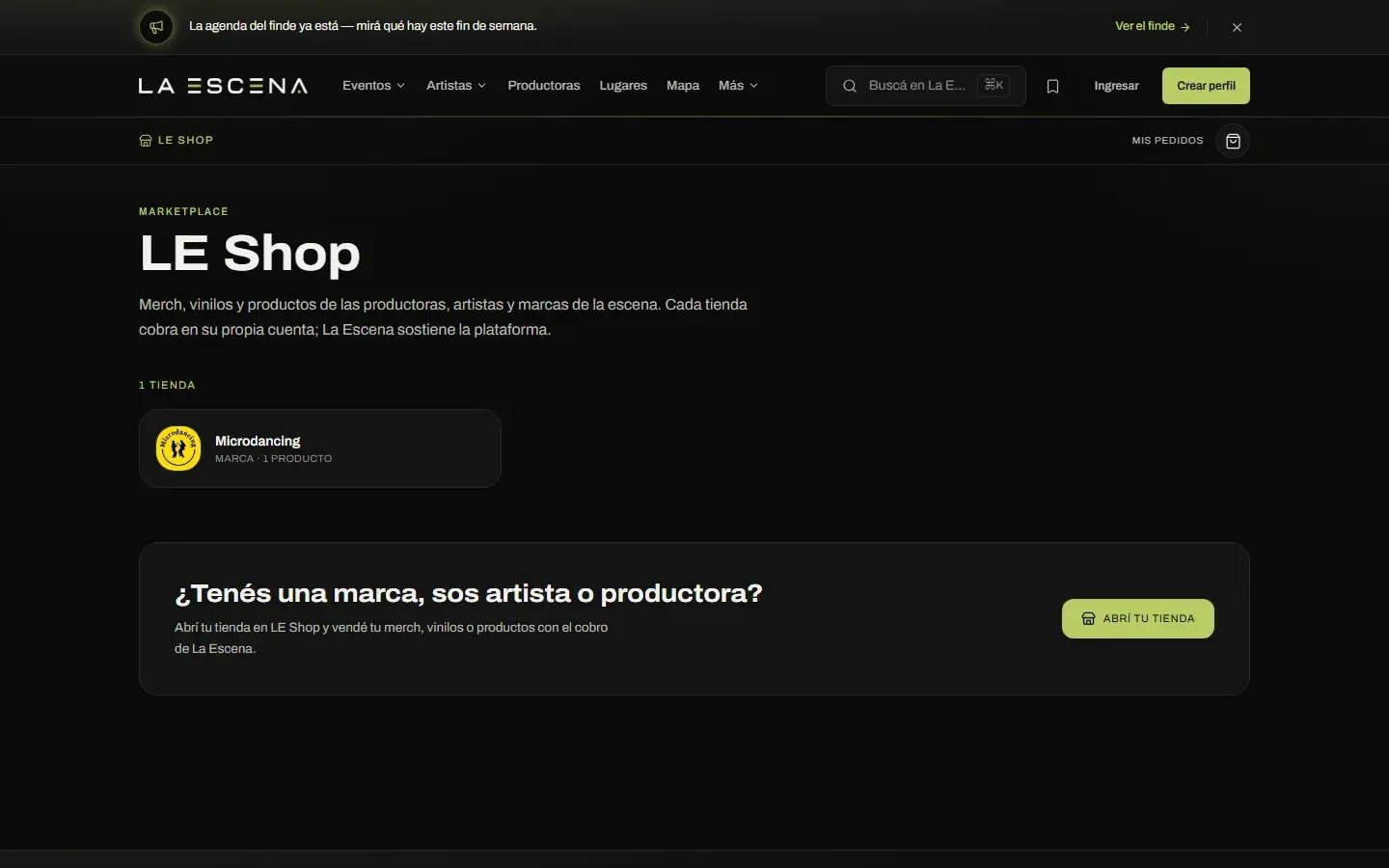 Marketplace LE Shop dentro de La Escena, con una tienda publicada.