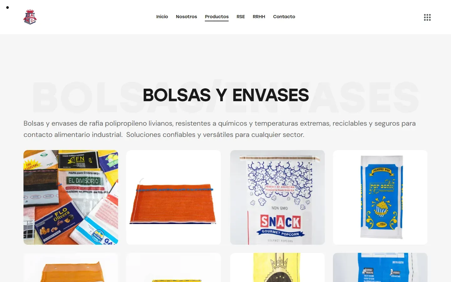 Página Bolsas y envases de Mazzieri Textil con una grilla de fotos de bolsas de rafia de polipropileno.