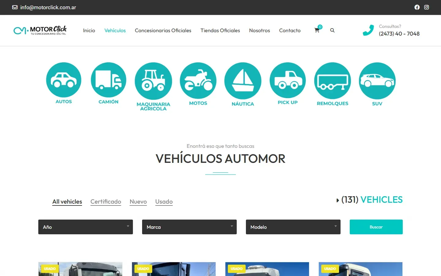 Catálogo de vehículos de MotorClick con accesos por tipo (autos, camión, maquinaria agrícola, motos, náutica, pick up, remolques y SUV) y filtros por año, marca y modelo.