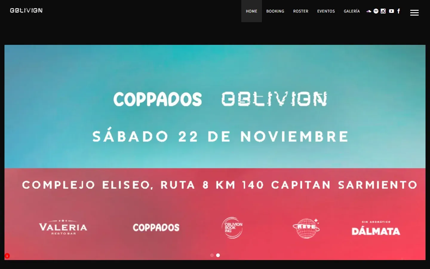 Inicio de Oblivion Booking con un evento destacado.