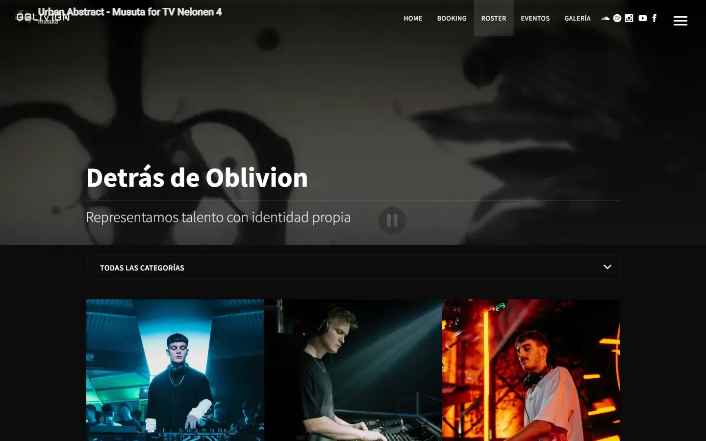 Página Roster de Oblivion Booking con el título «Detrás de Oblivion», un filtro por categorías y fotos de los artistas.
