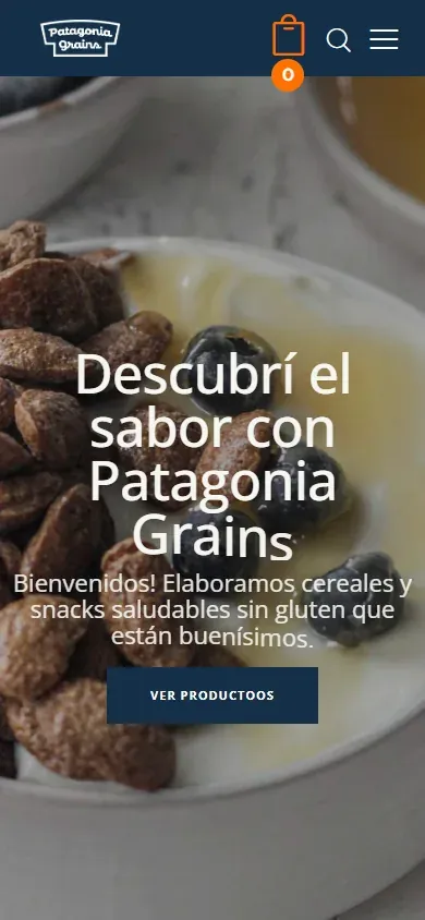 Inicio móvil de Patagonia Grains con su propuesta de cereales y snacks sin gluten.