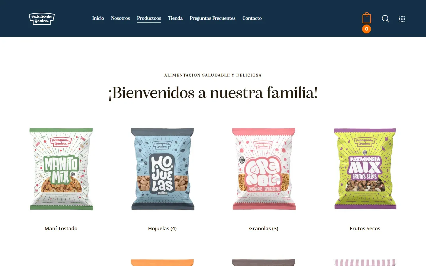 Página Productos de Patagonia Grains con sus líneas: maní tostado, hojuelas, granolas y frutos secos.