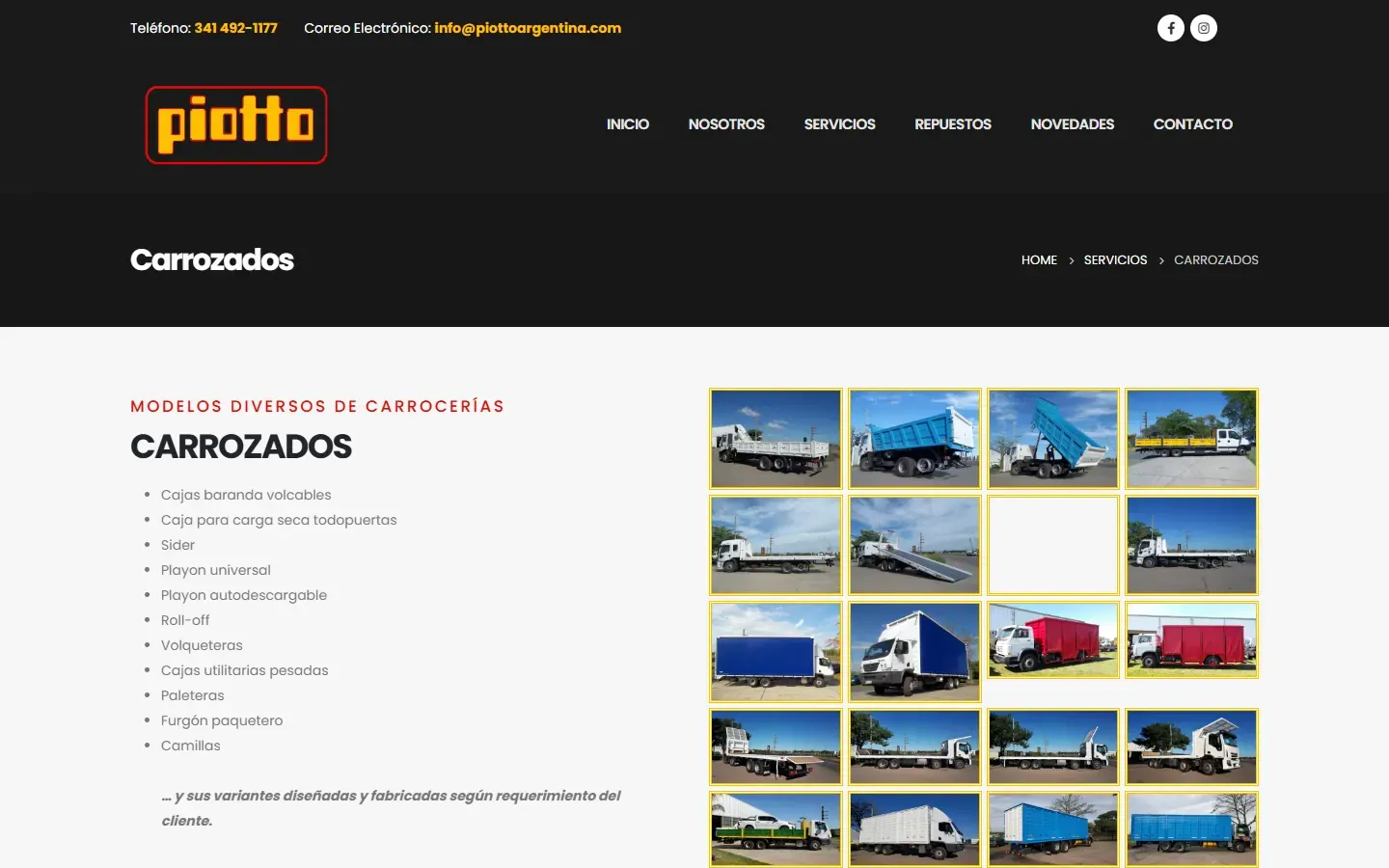 Página del servicio Carrozados de Piotto Argentina con la lista de modelos de carrocería y una grilla de fotos de camiones.