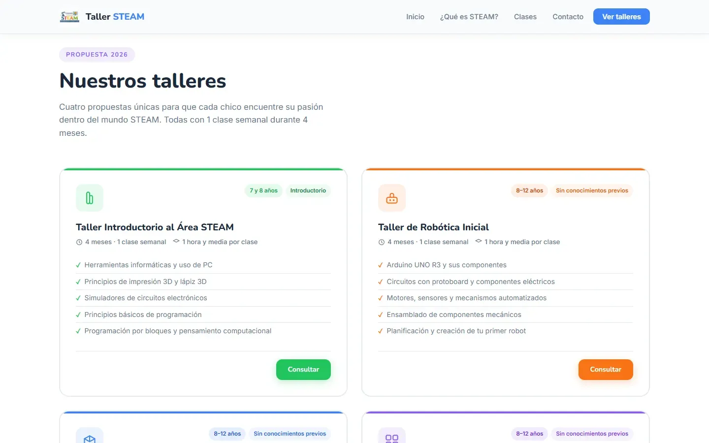 Sección Nuestros talleres de Taller STEAM con las tarjetas del Taller Introductorio al Área STEAM y del Taller de Robótica Inicial.