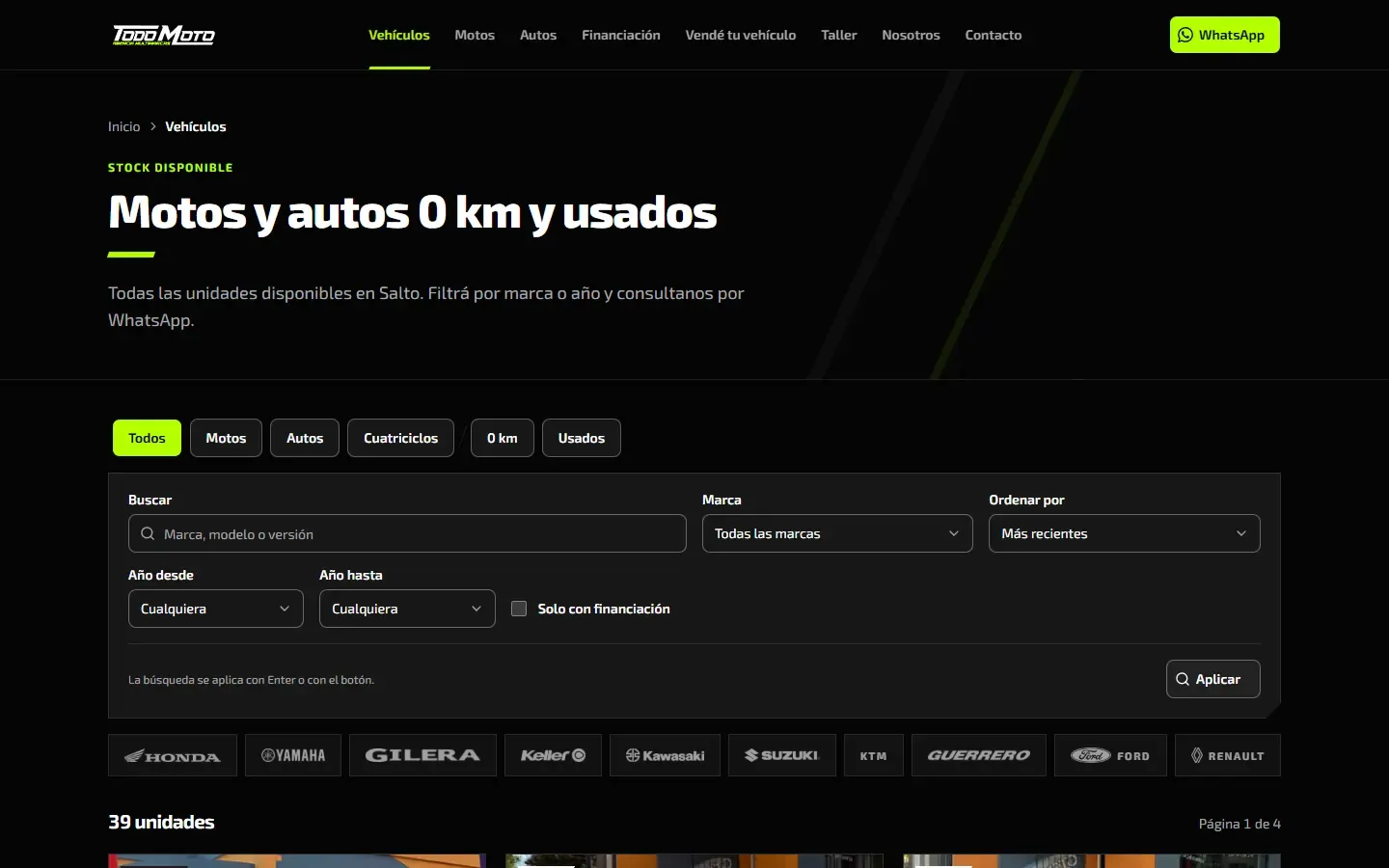 Catálogo de Todo Moto con filtros por tipo, marca y año.